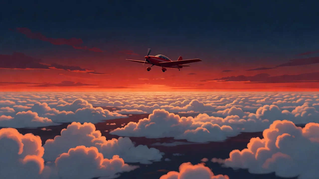 Aviator plane climbing above the clouds at dusk